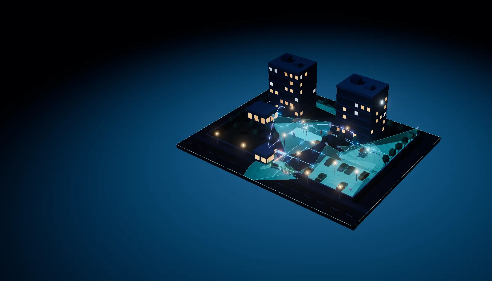 Maquete ilustrativa de um condomínio à noite: dois blocos, portaria, garagem, piscina e playground, com o campo de visão das câmeras.